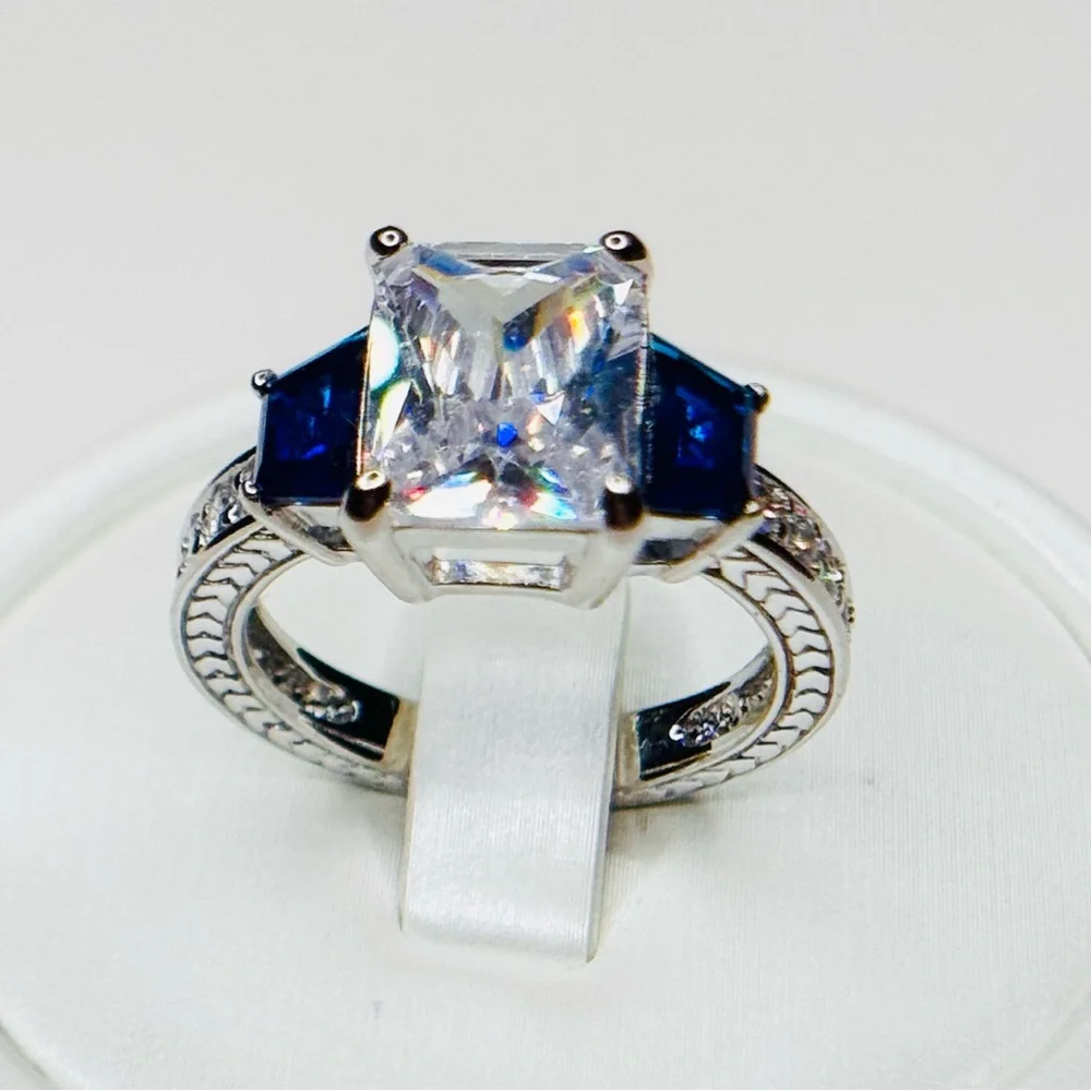 Elegant Sterling Silver Emerald Cut White Stone w/Blue Sapphire Stones - Picture 4 of 6